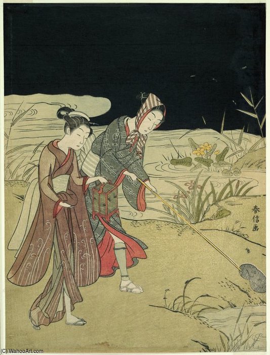 Catching Fireflies by Suzuki Harunobu, painted by hand in oil on linen