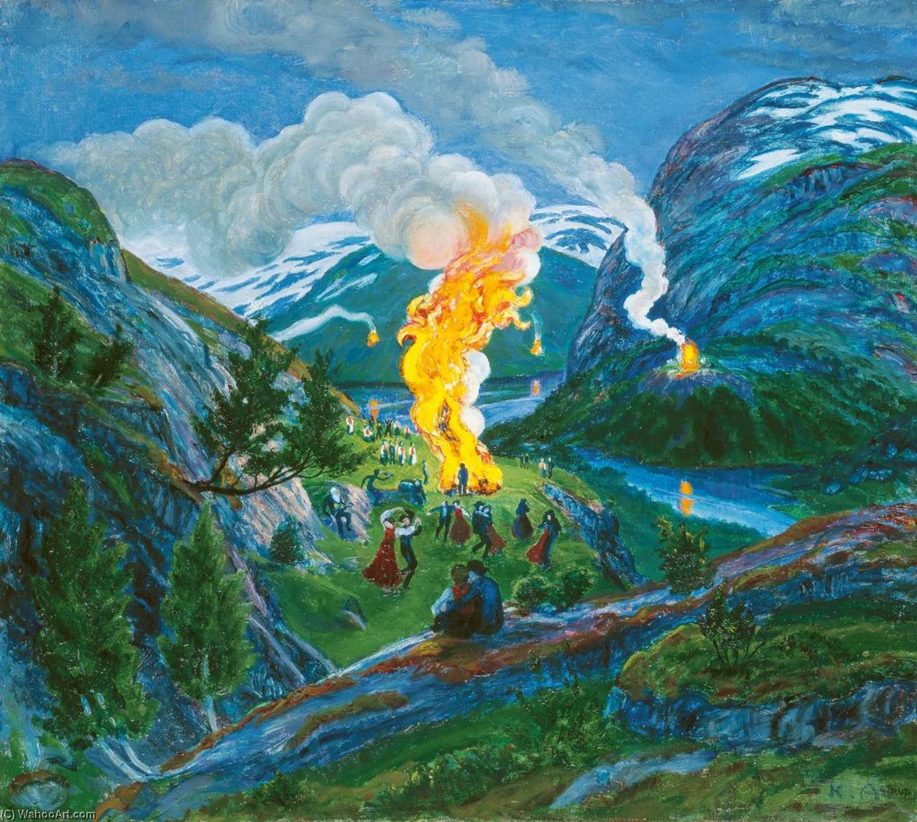 Midsummer Night Bonfire, autor Nikolai Astrup, käsitsi maalatud õli linenile