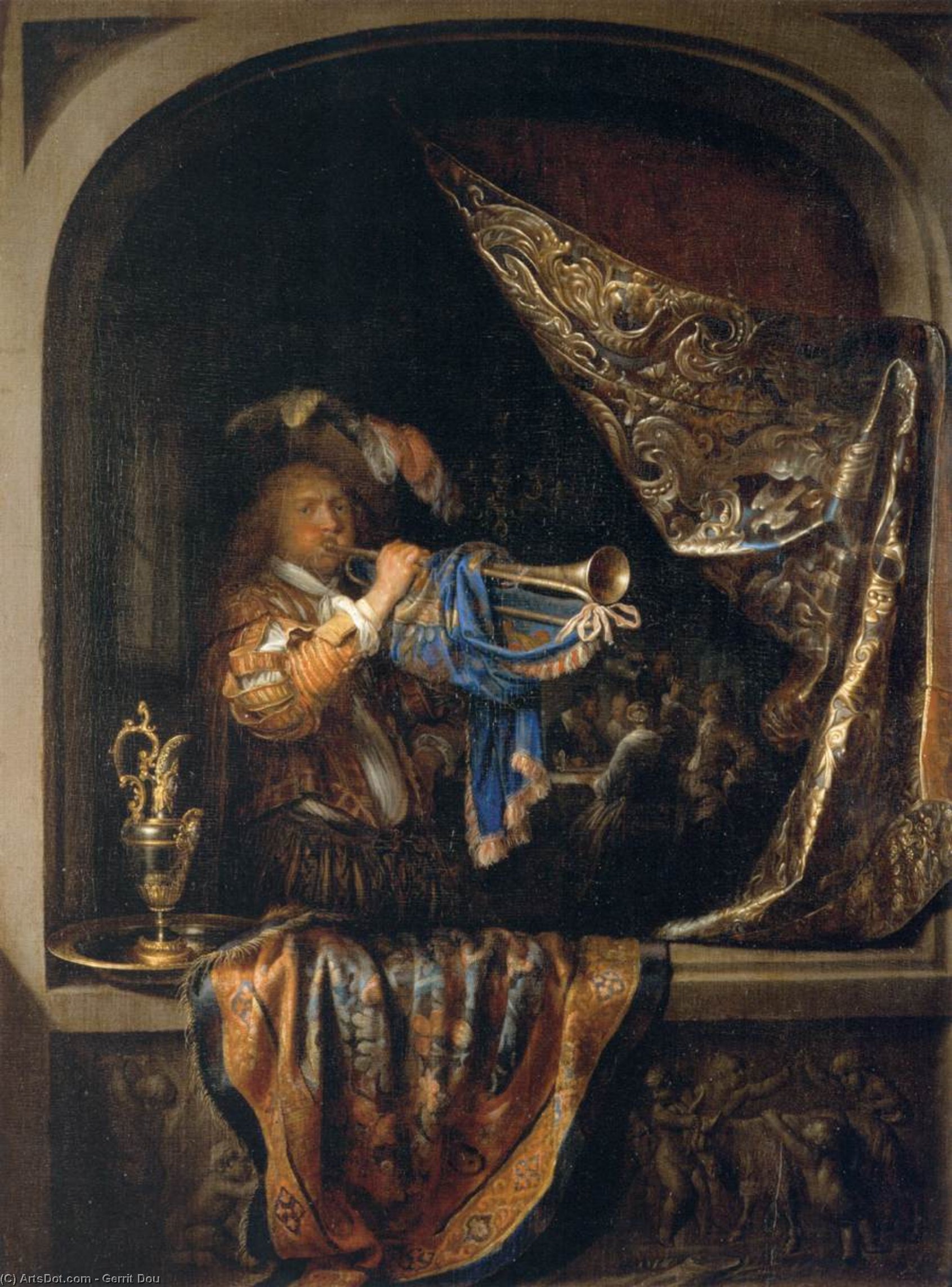 Trompeter vor einem Bankett von Gerrit Dou, handgemalt mit Öl auf Leinen