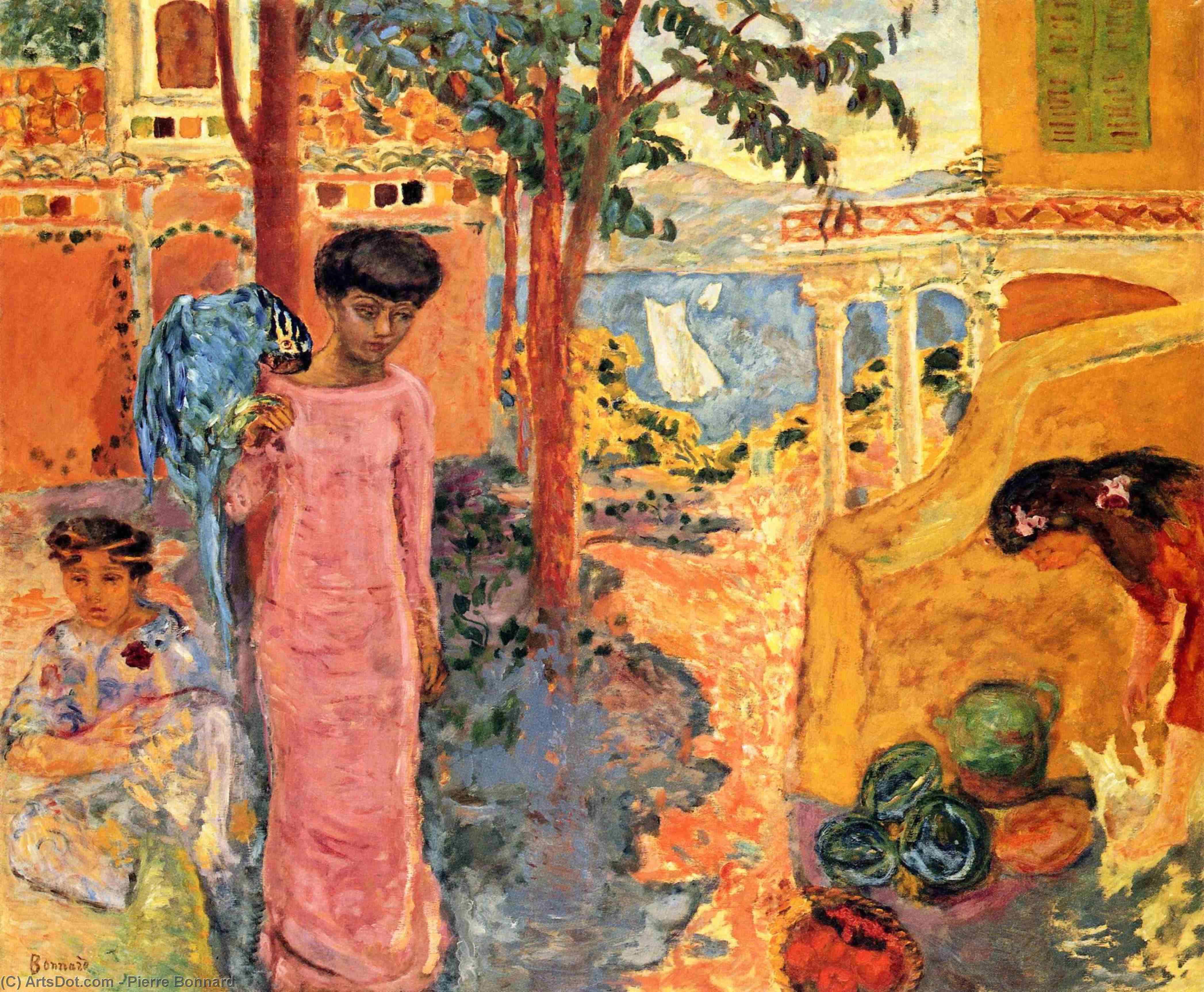 Ragazza con il pappagallo di Pierre Bonnard, dipinto a mano con olio su tela di lino