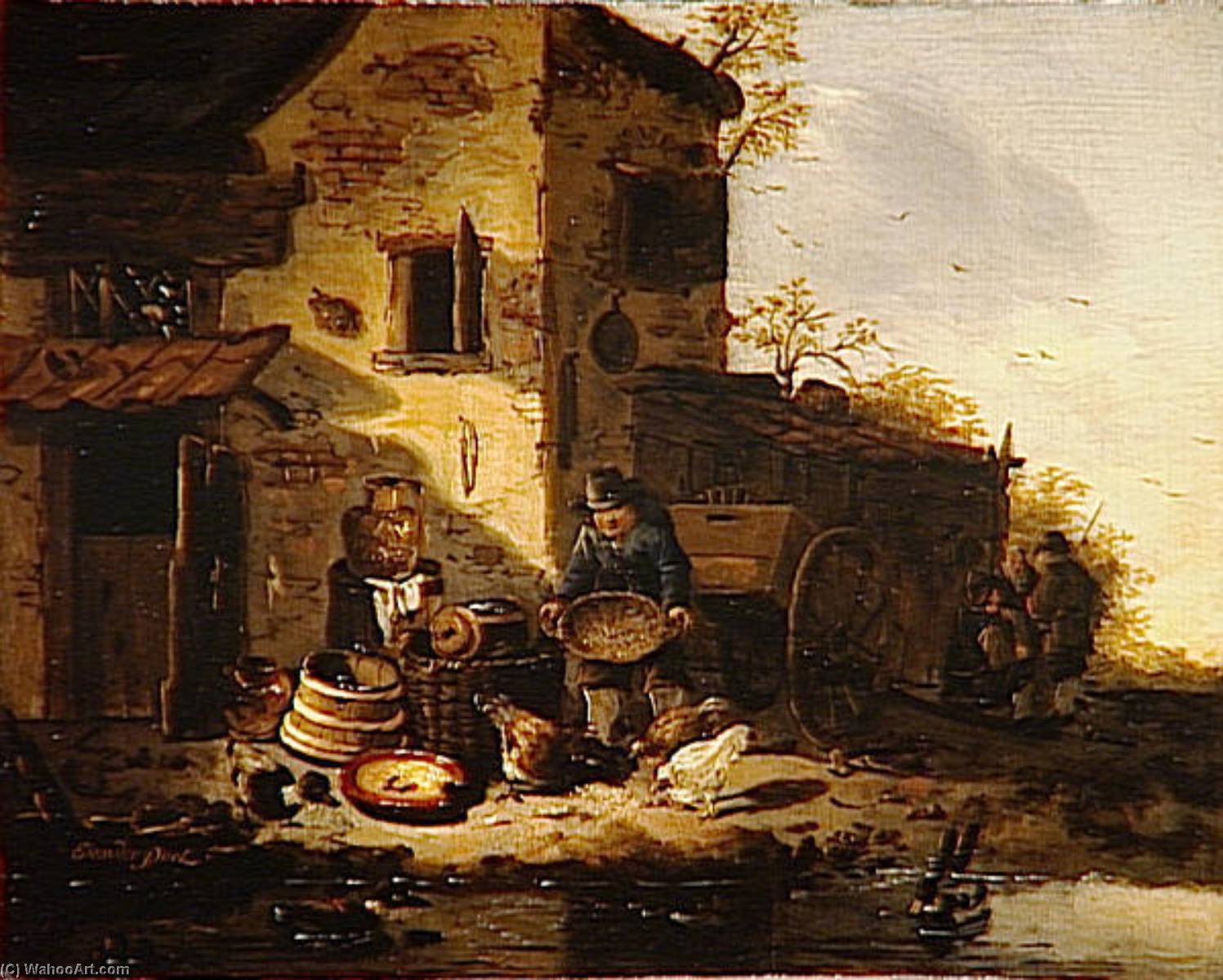 Bauer, der Hühner füttert by Egbert Van Der Poel, painted by hand in oil on linen