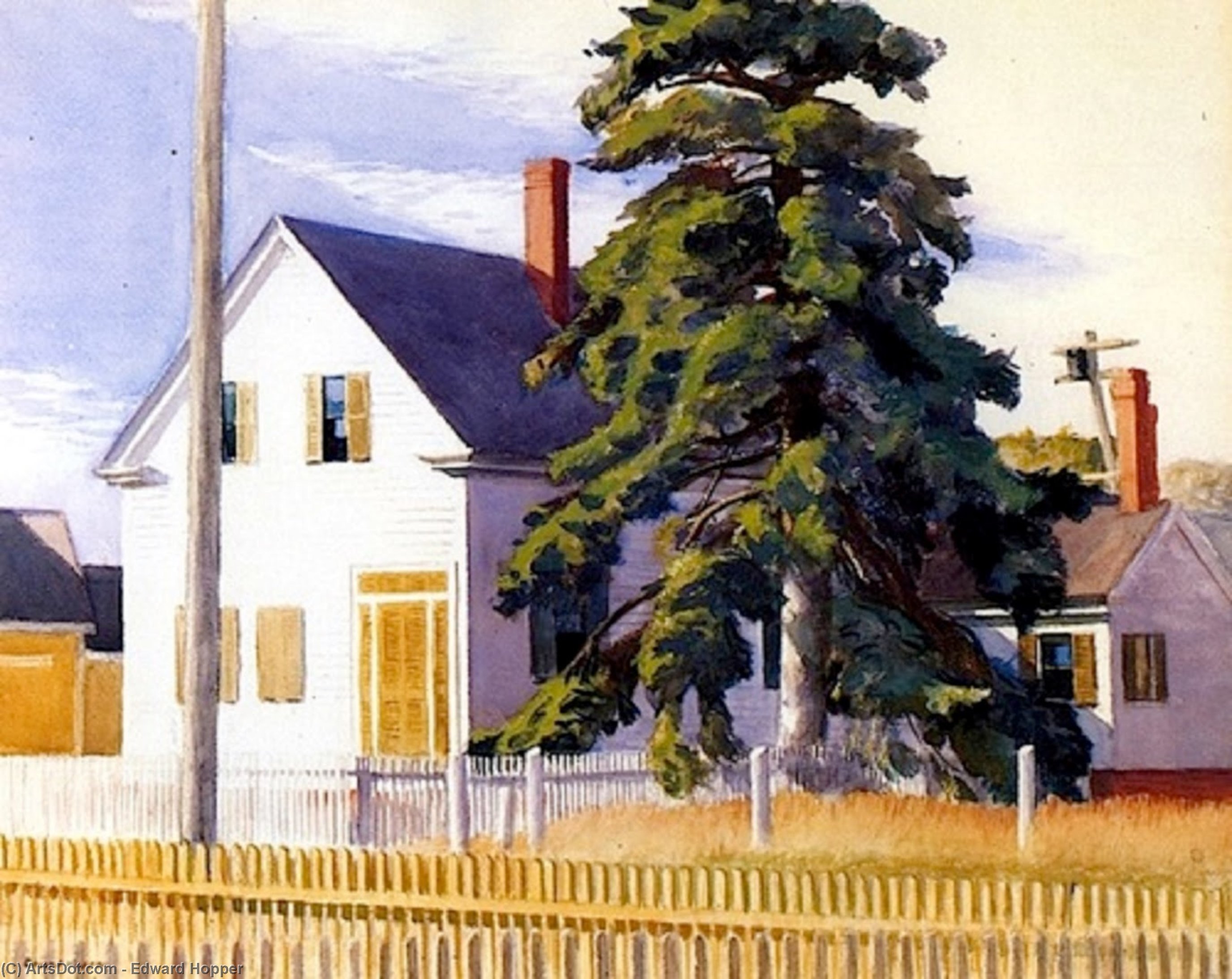 House with big pine by Edward Hopper, painted by hand in oil on linen