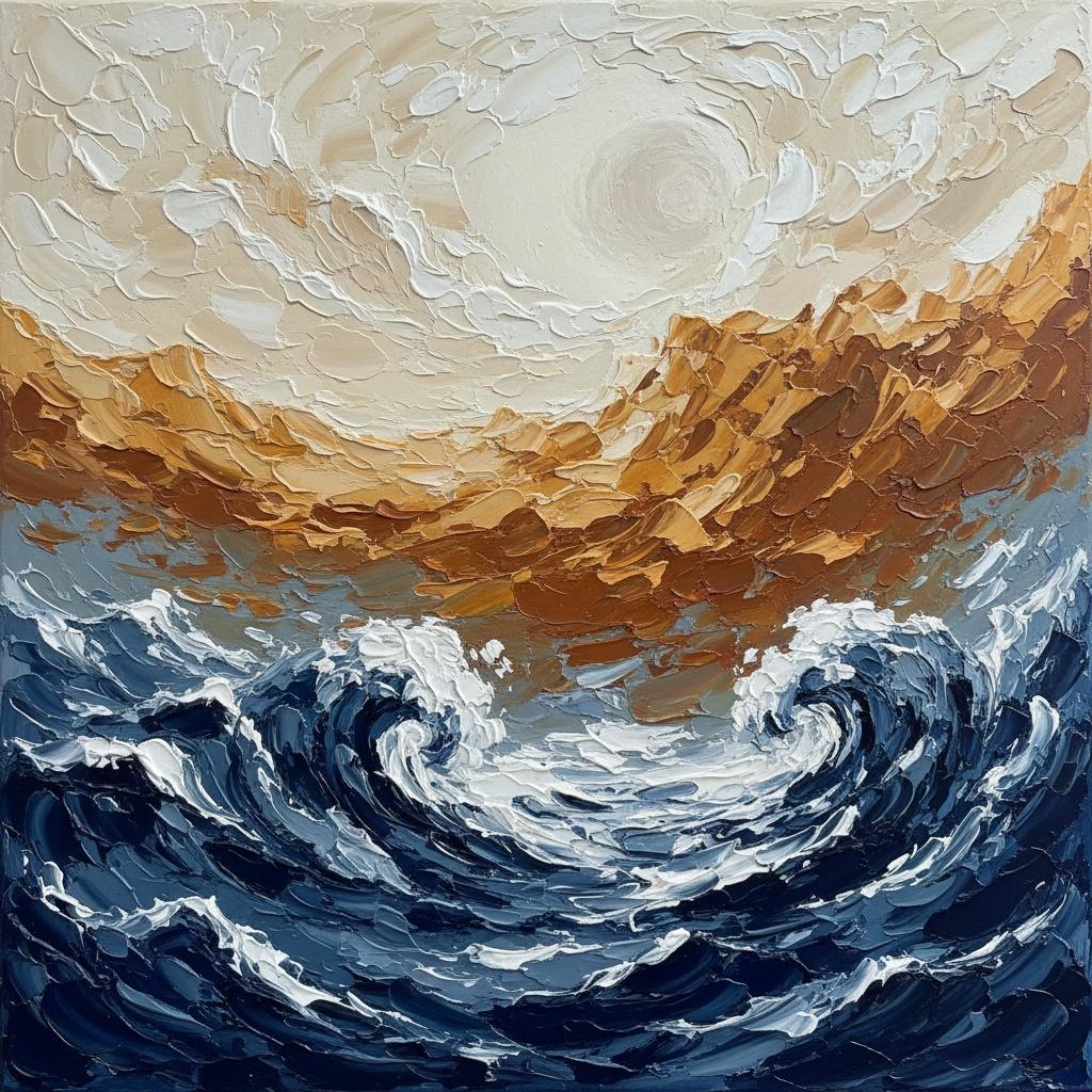 Horizons Éphémères D'ocre Et De Bleu Marine En Mouvement Impasto Sculptural — David Moreau