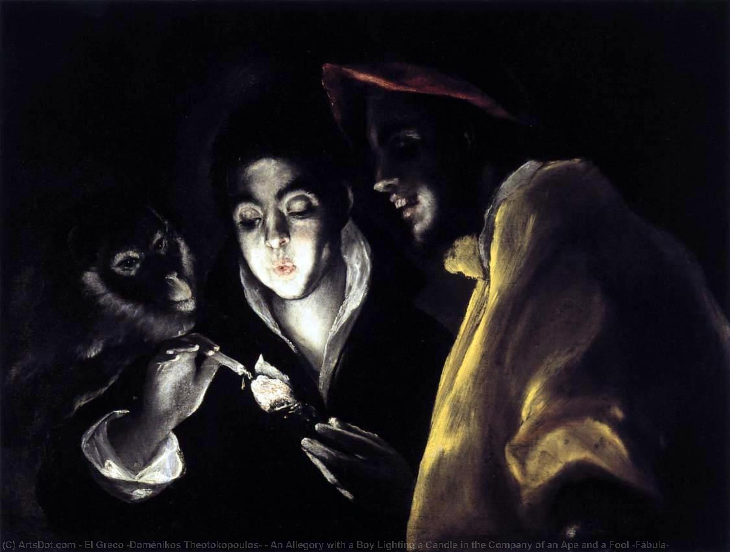 En Allegori Med En Dreng, Der Tænder Et Lys I Selskab Med En Abe Og En Nar (fábula) — El Greco