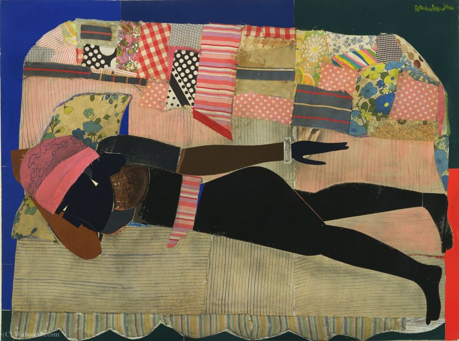 Patchwork quilt von Romare Bearden, handgemalt mit Öl auf Leinen