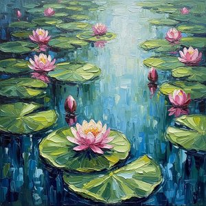 Serene Azure Depths: A Singular Impasto Study of Floating Petals and Verdant Ripples