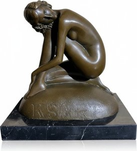 Contemplative Bronze Seated Woman Sculpture on Marble Base