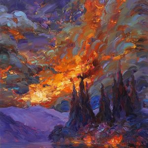 Eruption Of Celestial Light Amidst The Shadows Of Ancient Violet Spires — Caroline Pelletier