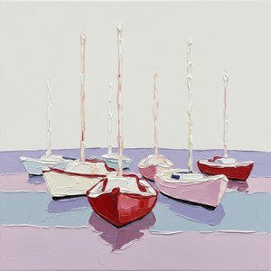 Serene Crimson Sails Amidst A Misted Lavender Horizon Of Sculptural Impasto Strokes — Adrien Cordier