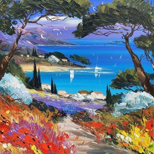 Radiant Mediterranean Vista Through A Verdant Arch Of Wildflower Impasto Splendor — Adrien Cordier