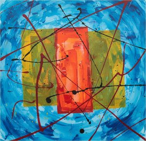 Celestial Vortex With Crimson Core And Spontaneous Ink Gestures In Cerulean — Christian Noiret
