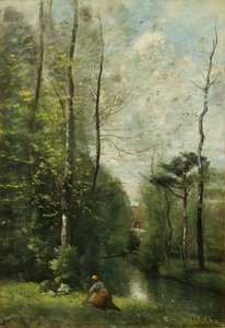 Un Ruscello Sotto Gli Alberi Con Una Casa In Lontananza — Jean-baptiste-camille Corot