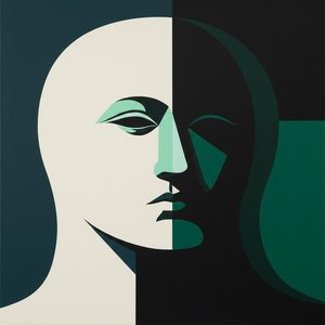 Geometric Contemplation: A Study in Teal Planes and Muted Profile Symmetry