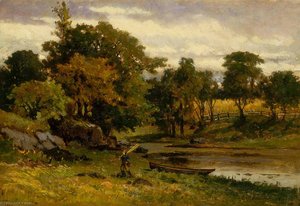Untitled (landscape, boat moored near stream, man walking in foreground)