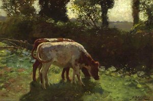 Two Calves Grazing By A Hedge — Sir Alfred James Munnings