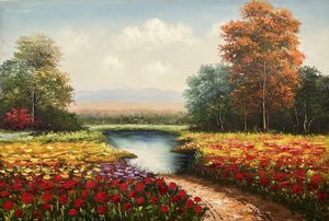 Impressionist Autumn Meadow And River Landscape, Impressionism