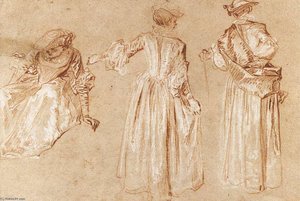 Three Studies Of A Lady With A Hat — Jean-antoine Watteau