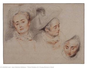 Three Studies Of A Young Woman’s Head — Jean-antoine Watteau
