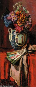 Still Life With Summer Flowers In A Vase And A Fan On A Table — Duncan Grant