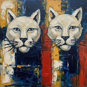 Symmetrical Shadows of the Crimson Pillar in Heavy Impasto Feline Portraiture