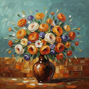 Ethereal Bloom In Ochre And Teal: A Monumental Impasto Study Of Organic Radiance — Christian Noiret