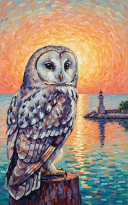 Sentinel Of The Golden Hour: A Pointillist Study In Twilight Serenity — Claire Dupuis
