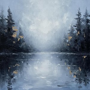 Gold Flecks Amidst Charcoal Pines And Indigo Mist — Laurent Roche