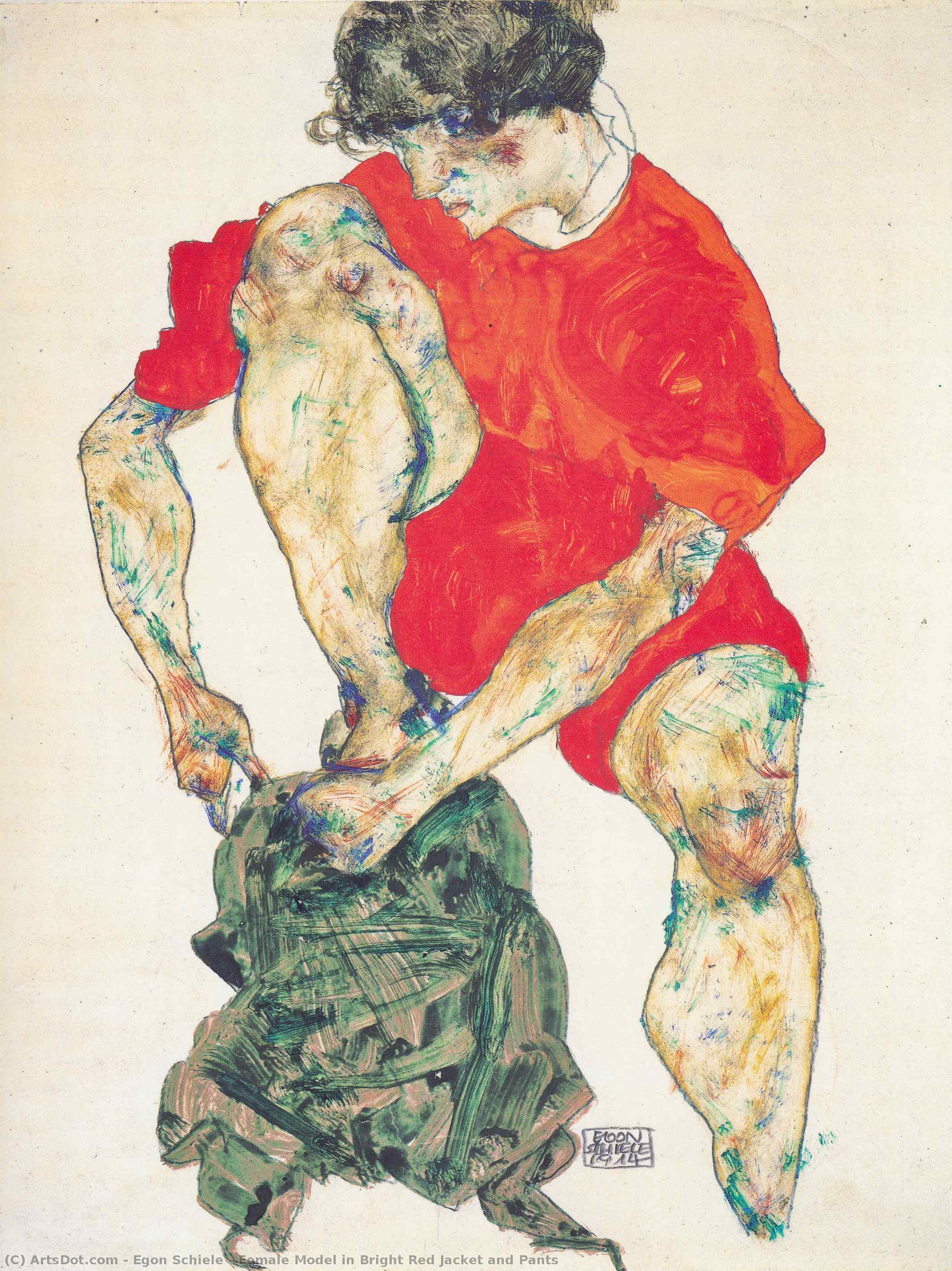 Modella Femminile Con Giacca E Pantaloni Rosso Brillante — Egon Schiele