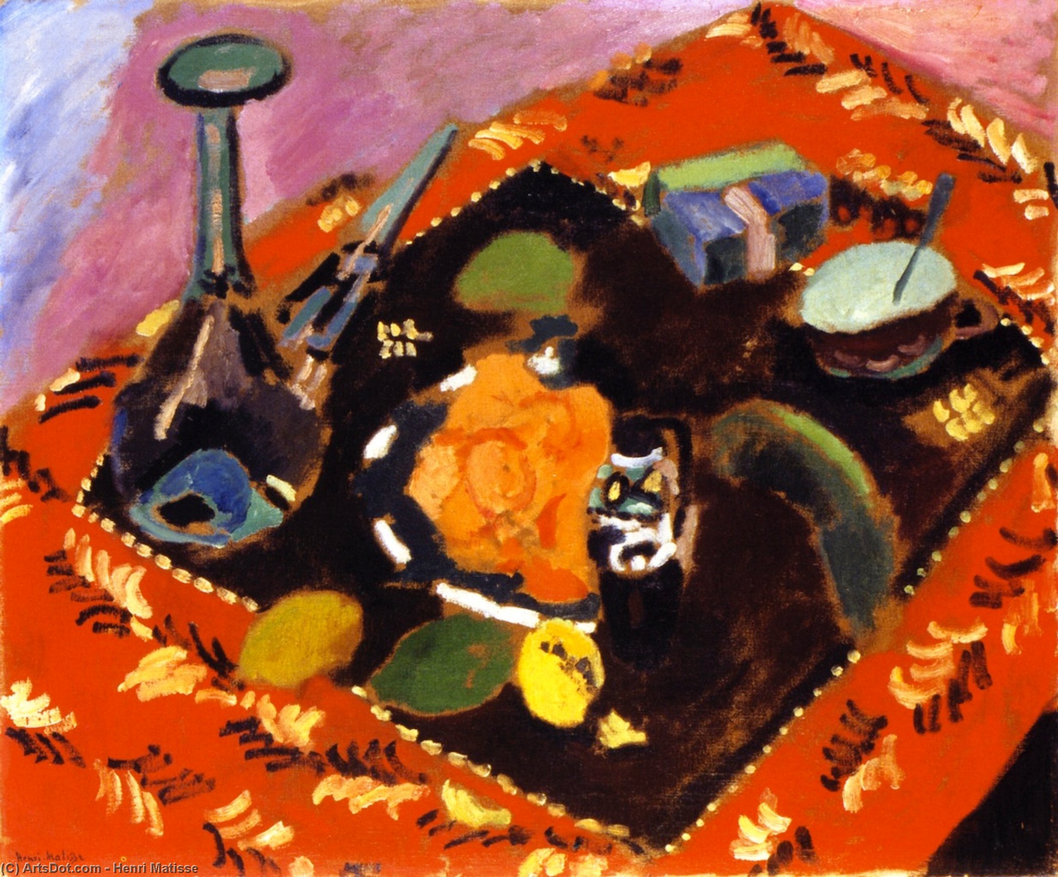 Piatti E Frutta Su Un Tappeto Rosso E Nero (anche Noto Come Le Tapis Rouge) — Henri Matisse