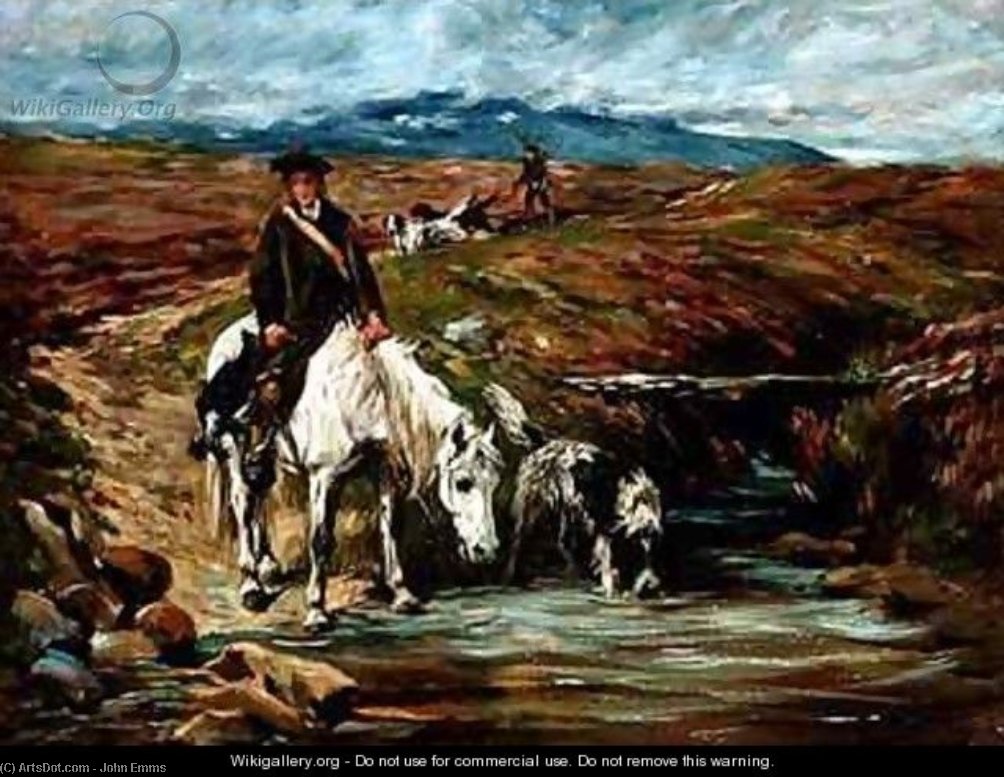 Horse And Spaniel Drinking From A Stream — John Emms