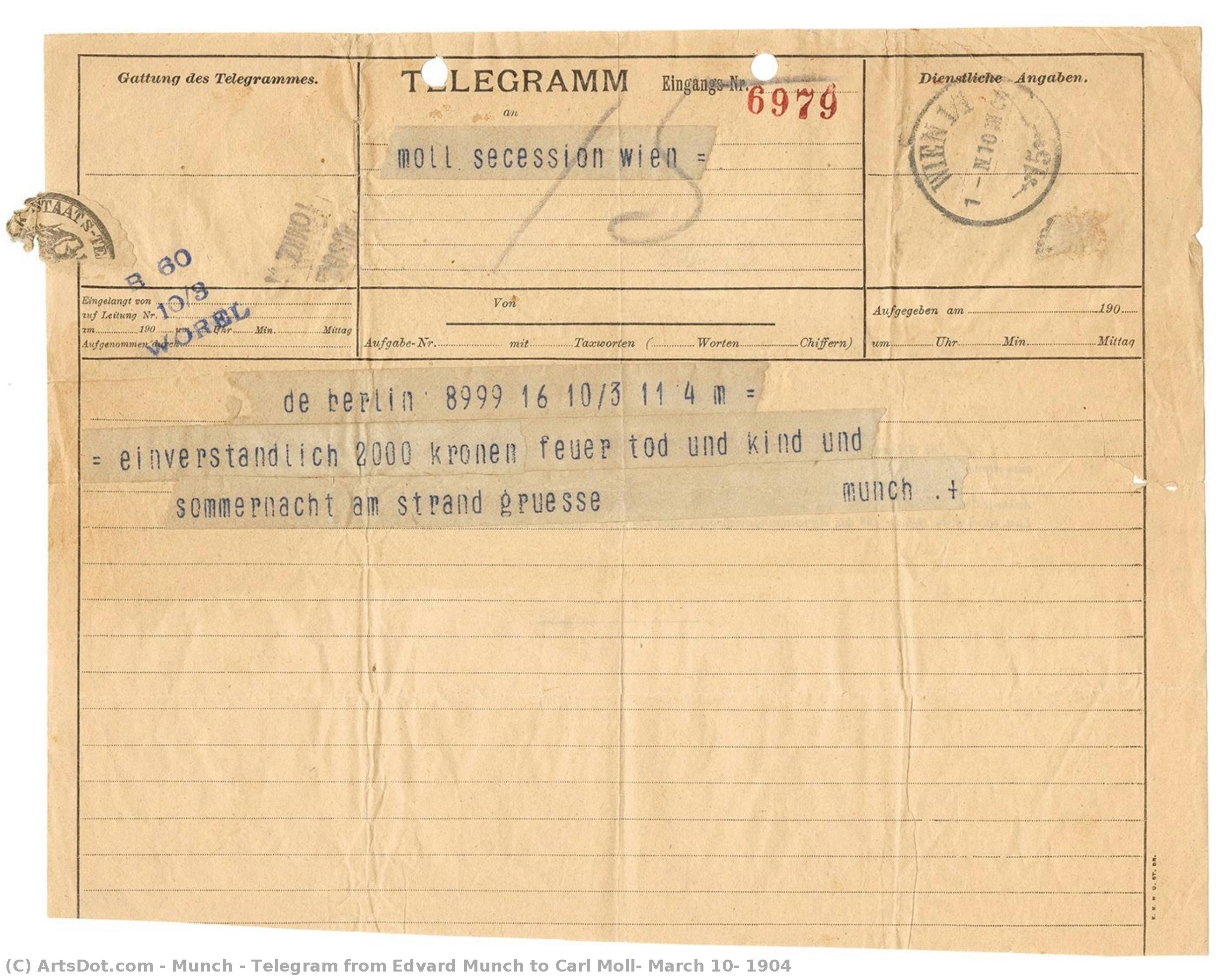 Edvard Munch'tan Carl Moll'a Telegram, 10 Mart 1904 — Edvard Munch
