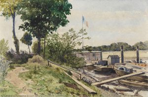 River Landscape With Train Of Barges — Henri-joseph Harpignies