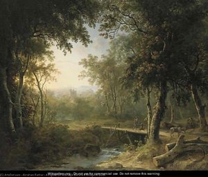A Figure On A Bridge Before A Village At Dusk — Abraham Pether
